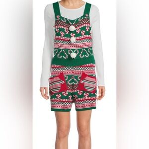Green red white Christmas festive pom pom sweater knit Romper size medium‎ new
